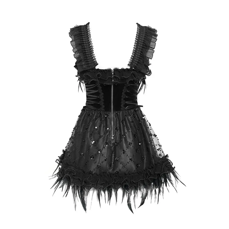 Schwarzes, gotisches Damen-Unterkleid mit Schnürung, Stickerei und Federbesatz, ideal für Abschlussfeiern.