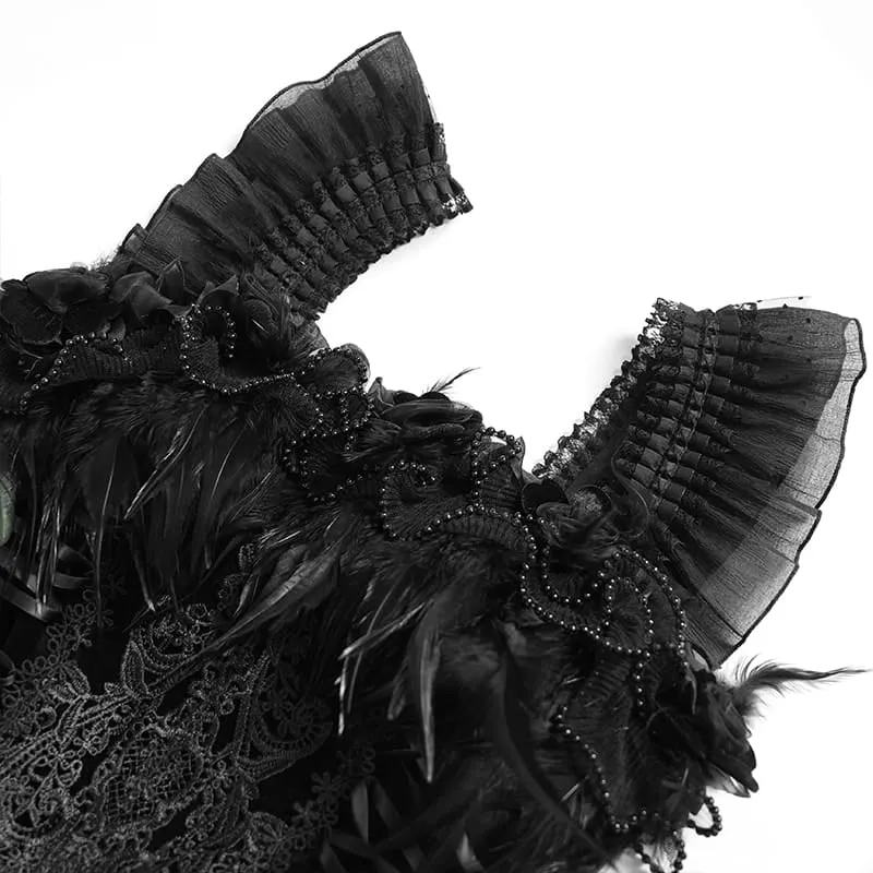 Schwarzes, gotisches Damen-Unterkleid mit Schnürung, Stickerei und Federbesatz, ideal für Abschlussfeiern.