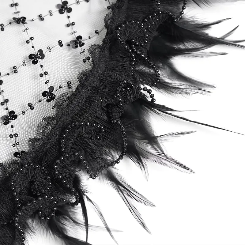 Schwarzes, gotisches Damen-Unterkleid mit Schnürung, Stickerei und Federbesatz, ideal für Abschlussfeiern.