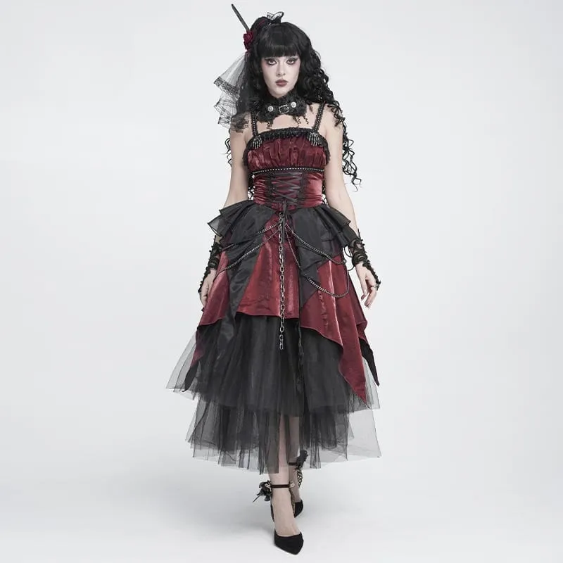 Gothic-Schnürkleid mit Kettenverzierungen, Raffungen und unregelmäßigem Saum, Brautkleid, Schwarz-Rot