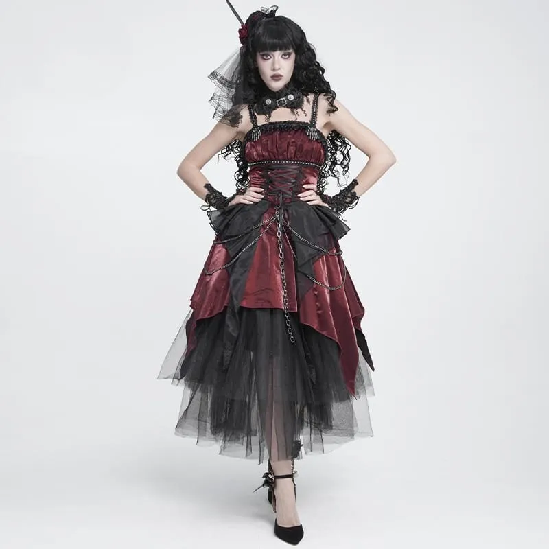 Gothic-Schnürkleid mit Kettenverzierungen, Raffungen und unregelmäßigem Saum, Brautkleid, Schwarz-Rot