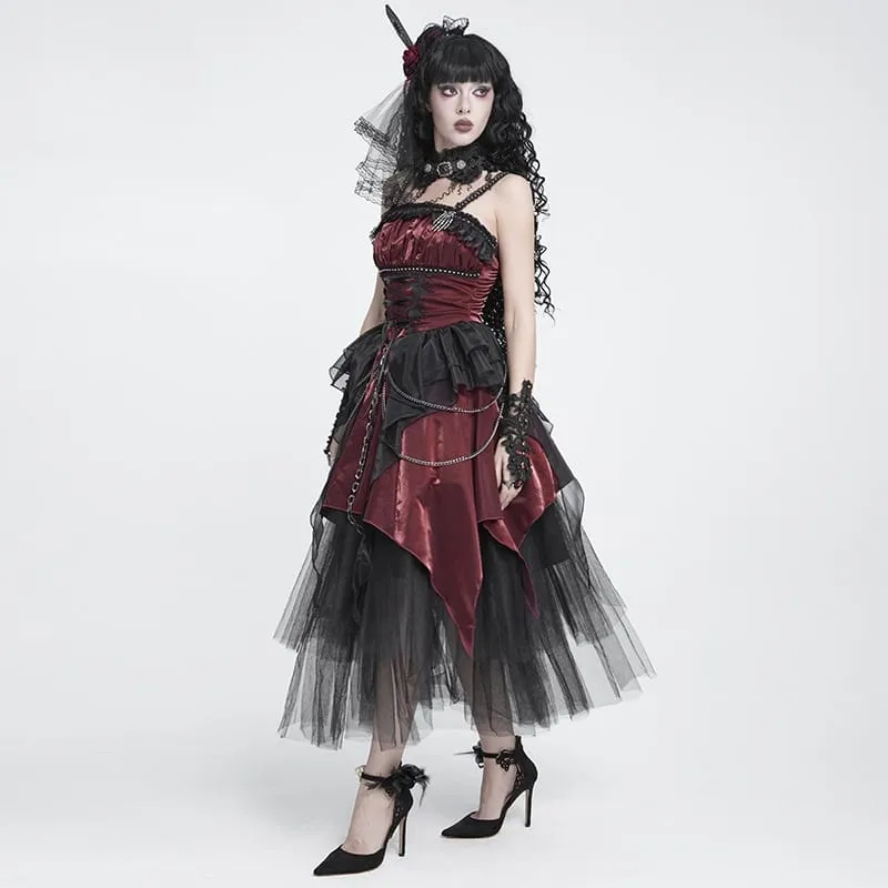 Gothic-Schnürkleid mit Kettenverzierungen, Raffungen und unregelmäßigem Saum, Brautkleid, Schwarz-Rot