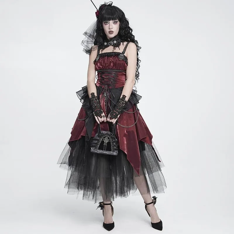 Gothic-Schnürkleid mit Kettenverzierungen, Raffungen und unregelmäßigem Saum, Brautkleid, Schwarz-Rot