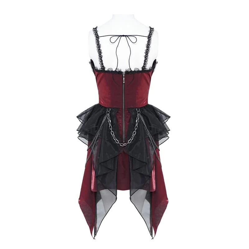 Gothic-Schnürkleid mit Kettenverzierungen, Raffungen und unregelmäßigem Saum, Brautkleid, Schwarz-Rot