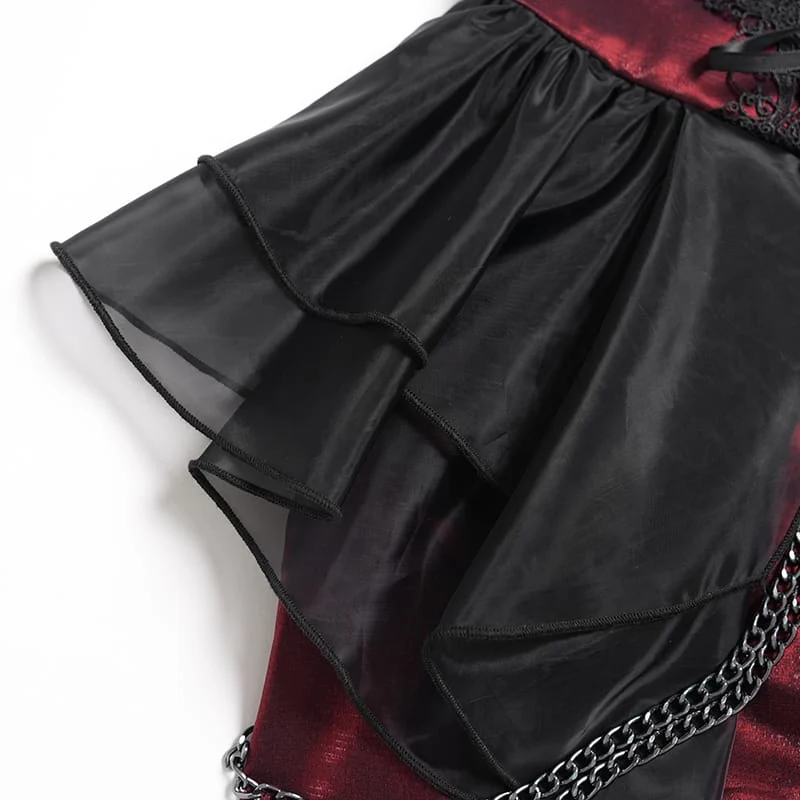 Gothic-Schnürkleid mit Kettenverzierungen, Raffungen und unregelmäßigem Saum, Brautkleid, Schwarz-Rot