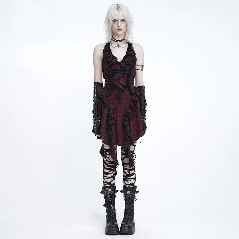 Gothic-Kleid für Damen mit Schnürung, Rüschen und Karomuster, Neckholder, Abschlusskleid