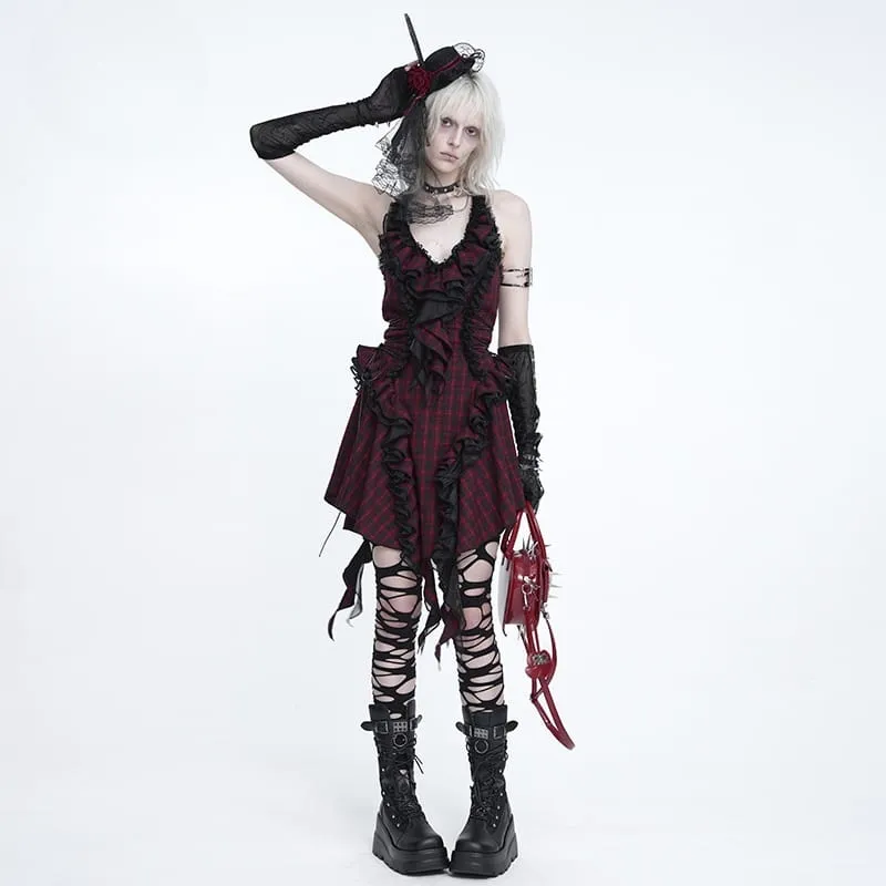 Gothic-Kleid für Damen mit Schnürung, Rüschen und Karomuster, Neckholder, Abschlusskleid
