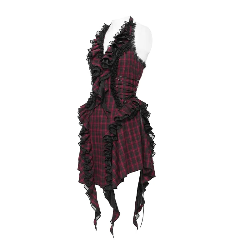 Gothic-Kleid für Damen mit Schnürung, Rüschen und Karomuster, Neckholder, Abschlusskleid