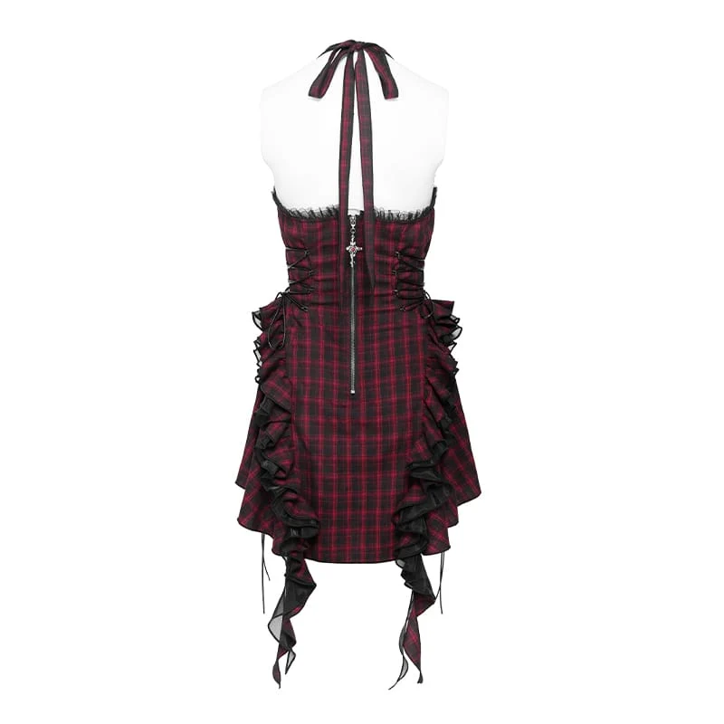 Gothic-Kleid für Damen mit Schnürung, Rüschen und Karomuster, Neckholder, Abschlusskleid