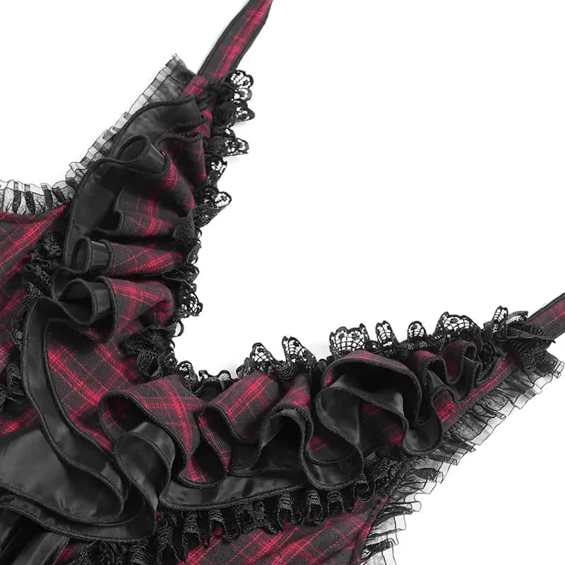 Gothic-Kleid für Damen mit Schnürung, Rüschen und Karomuster, Neckholder, Abschlusskleid