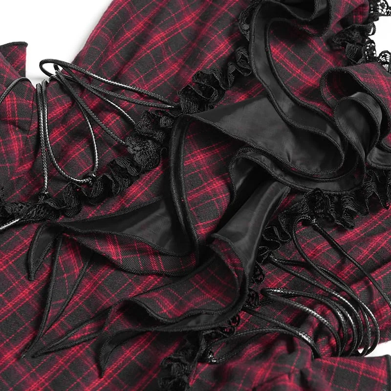 Gothic-Kleid für Damen mit Schnürung, Rüschen und Karomuster, Neckholder, Abschlusskleid