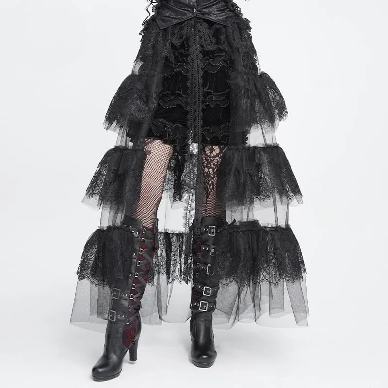 Gothic-Maxirock für Damen mit mehreren Lagen aus floraler Spitze und Mesh