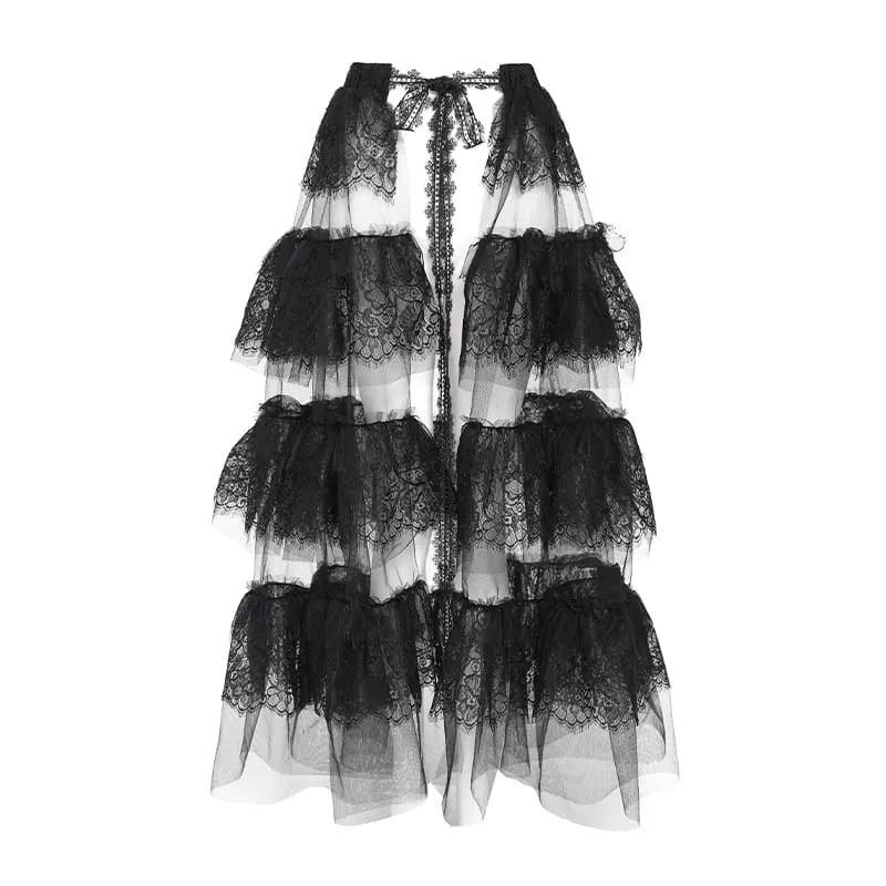 Gothic-Maxirock für Damen mit mehreren Lagen aus floraler Spitze und Mesh