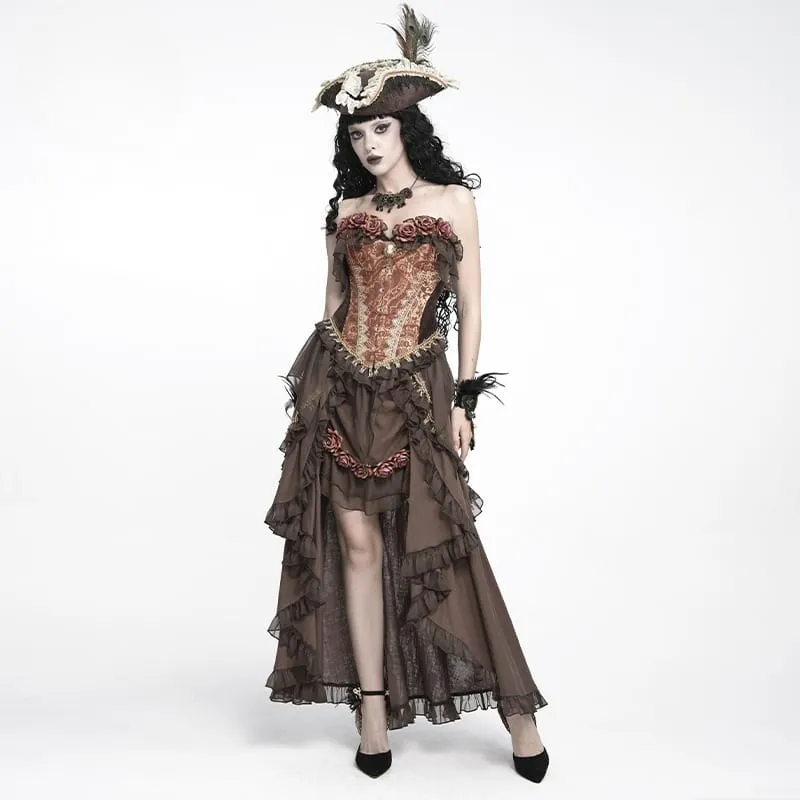 Gothic-Rüschenrock für Damen mit unregelmäßigem Saum und Rosenmuster.