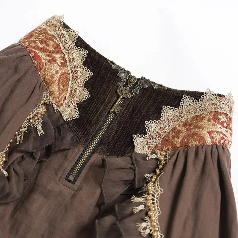 Gothic-Rüschenrock für Damen mit unregelmäßigem Saum und Rosenmuster.