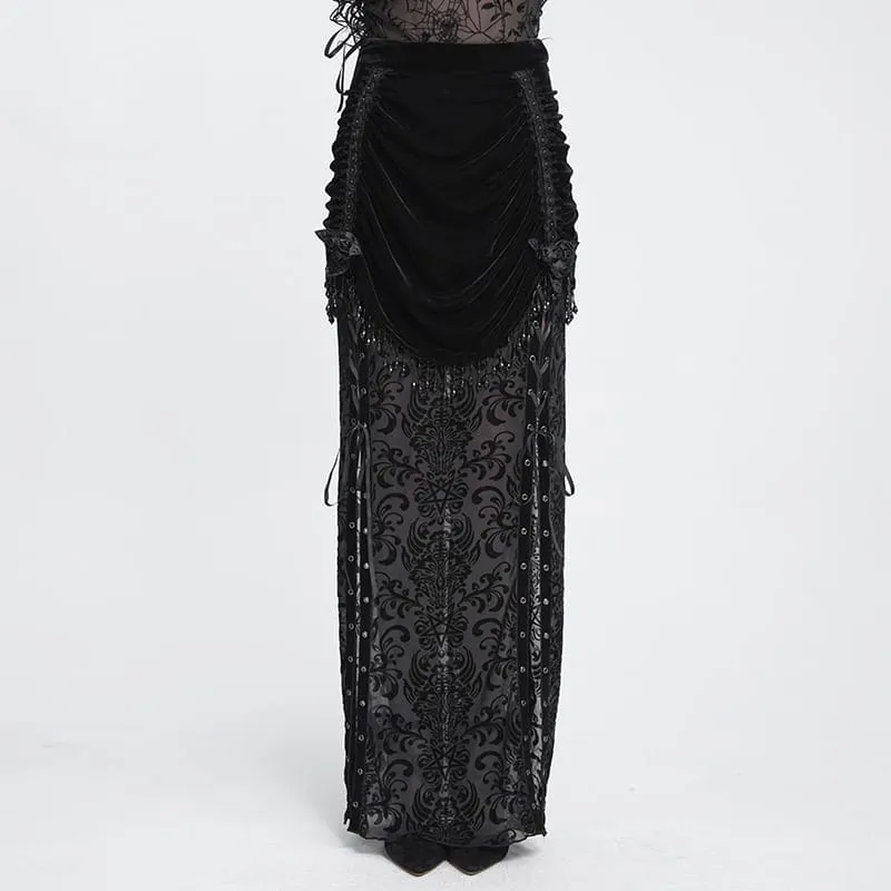 Gothic-Rock für Damen mit Blumenmuster, Perlen- und Quastenbesatz, gerafft und lang