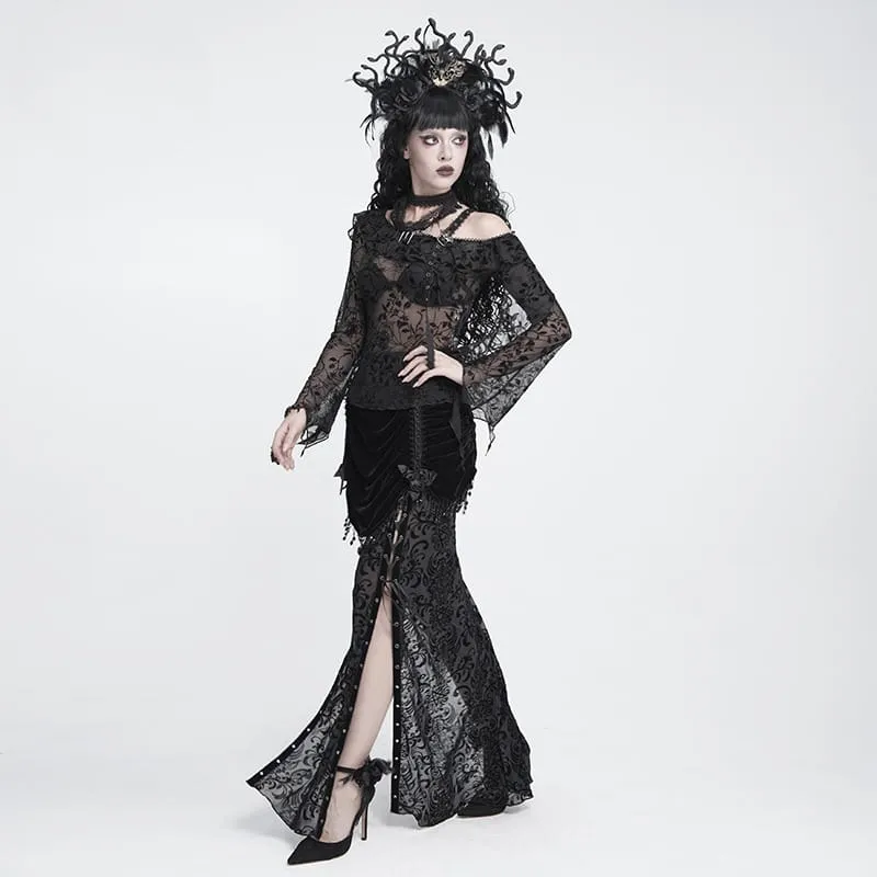 Gothic-Rock für Damen mit Blumenmuster, Perlen- und Quastenbesatz, gerafft und lang