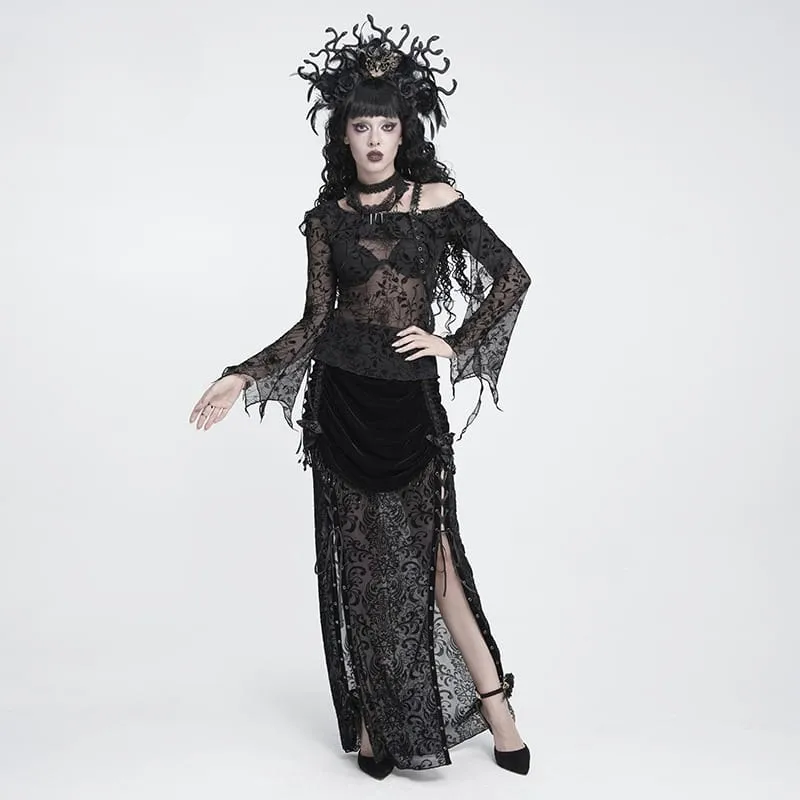 Gothic-Rock für Damen mit Blumenmuster, Perlen- und Quastenbesatz, gerafft und lang