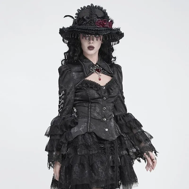Gothic-Damenbluse mit Schnürung, Ketten, Cut-outs und ausgestellten Ärmeln
