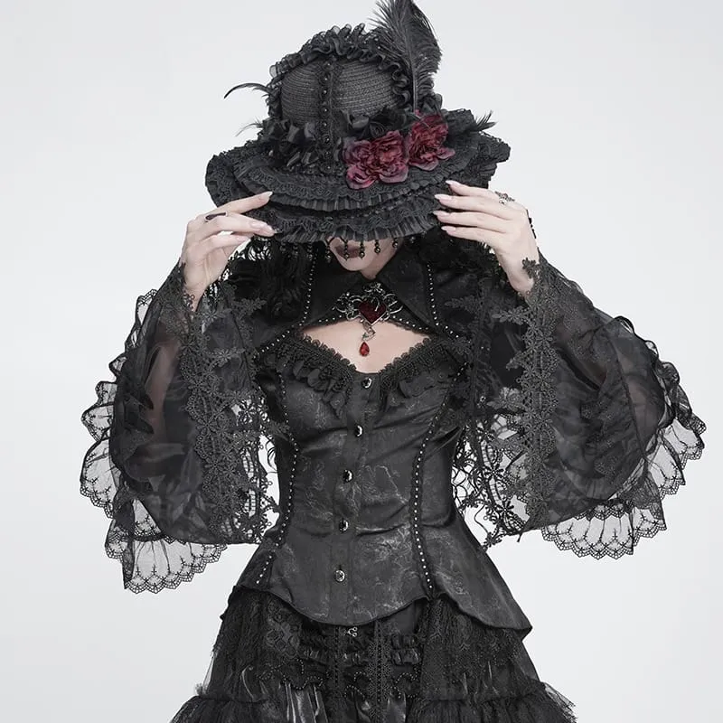Gothic-Damenbluse mit Schnürung, Ketten, Cut-outs und ausgestellten Ärmeln