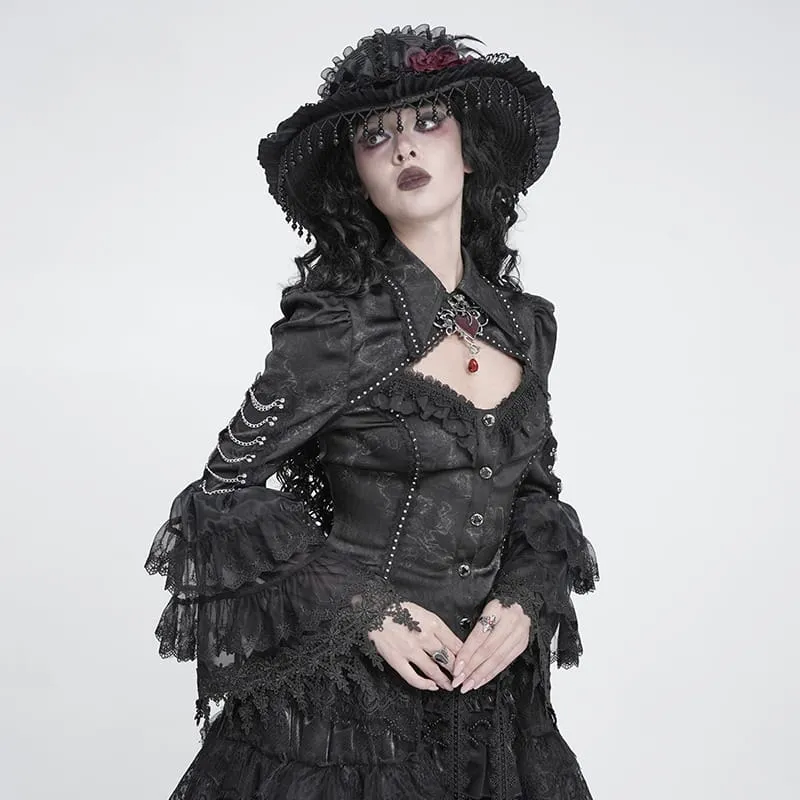 Gothic-Damenbluse mit Schnürung, Ketten, Cut-outs und ausgestellten Ärmeln