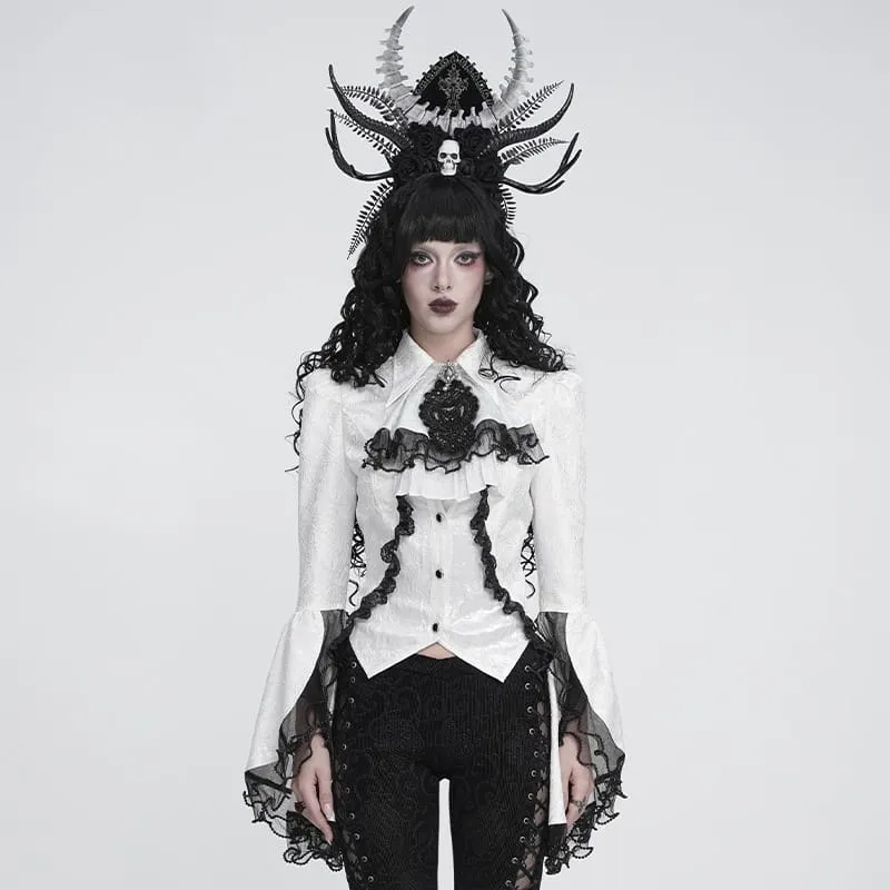 Weiße Gothic-Jacquard-Bluse mit Schwalbenschwanzärmeln und Kragen sowie Schleife für Damen