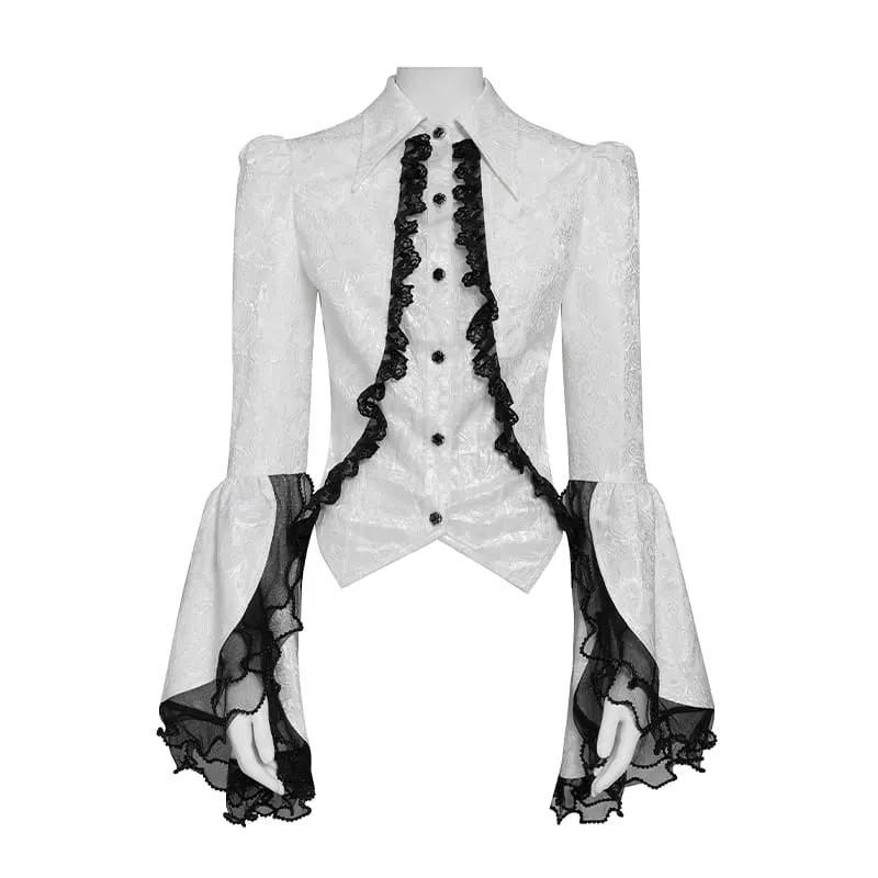 Weiße Gothic-Jacquard-Bluse mit Schwalbenschwanzärmeln und Kragen sowie Schleife für Damen