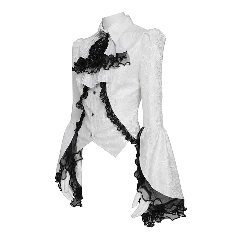 Weiße Gothic-Jacquard-Bluse mit Schwalbenschwanzärmeln und Kragen sowie Schleife für Damen