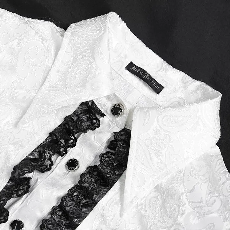 Weiße Gothic-Jacquard-Bluse mit Schwalbenschwanzärmeln und Kragen sowie Schleife für Damen