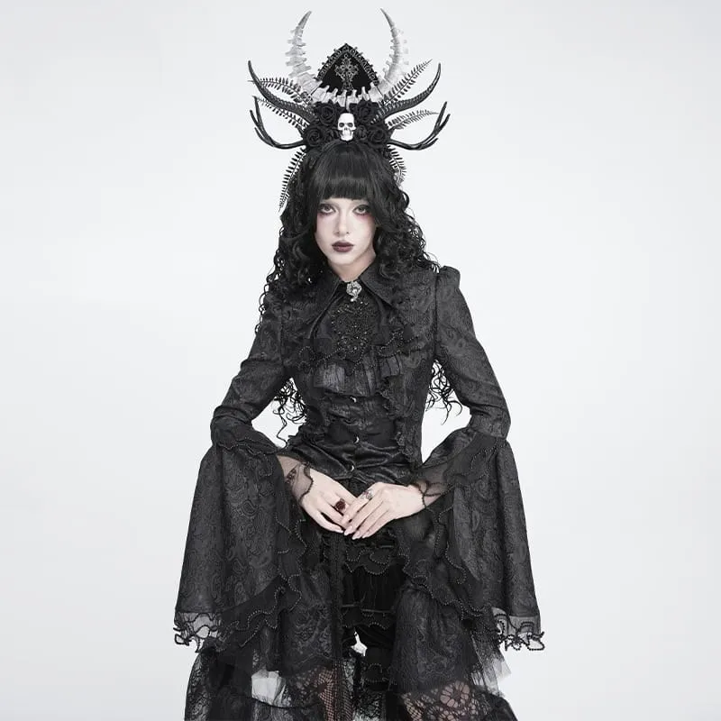 Schwarze Gothic-Jacquard-Bluse mit Schwalbenschwanzärmeln und Kragen mit Schleife für Damen