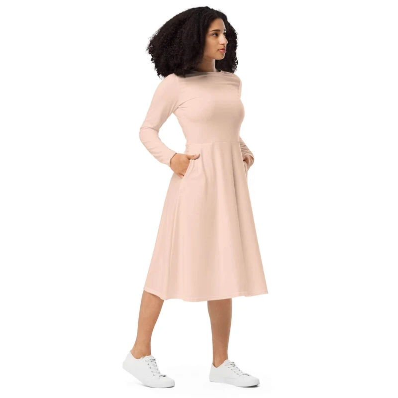 Peach Midi Dress with Pockets: Soft Elegance and Everyday Comfort.