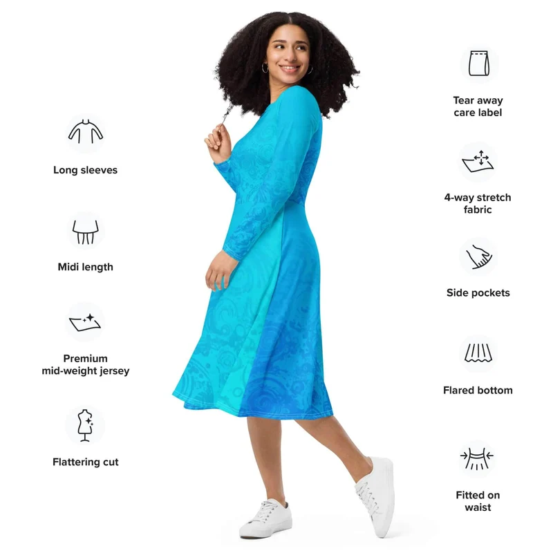Oceanic Dream: A Wavy Turquoise Midi Dress for Comfort and Style