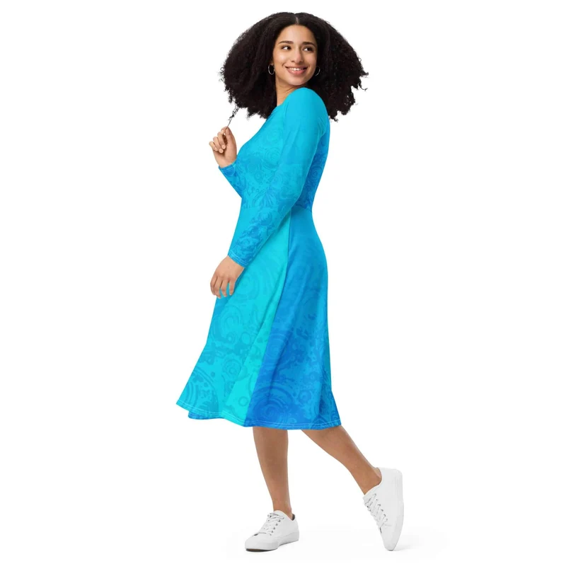 Oceanic Dream: A Wavy Turquoise Midi Dress for Comfort and Style