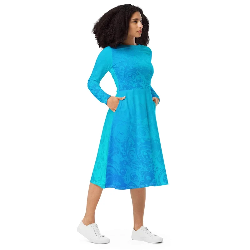 Oceanic Dream: A Wavy Turquoise Midi Dress for Comfort and Style