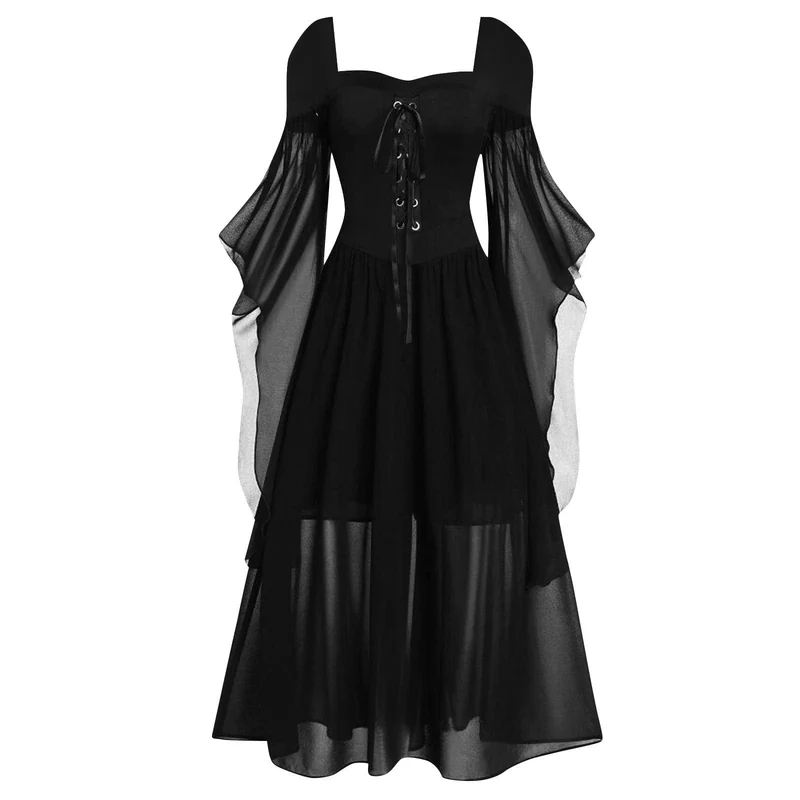 Gothic Hexenkleid mit Schnürung in Kontrastfarbe für Damen