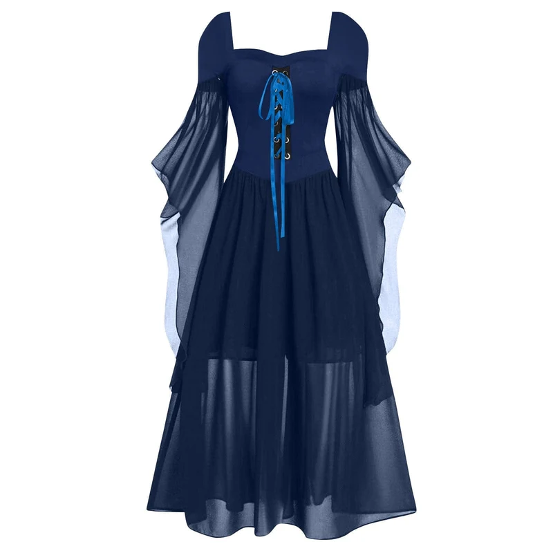 Gothic Hexenkleid mit Schnürung in Kontrastfarbe für Damen