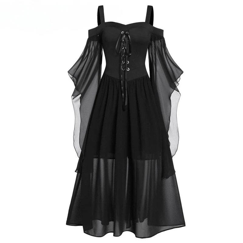 Gothic-Hexenkleid mit ausgestellten Ärmeln in Kontrastfarbe für Damen