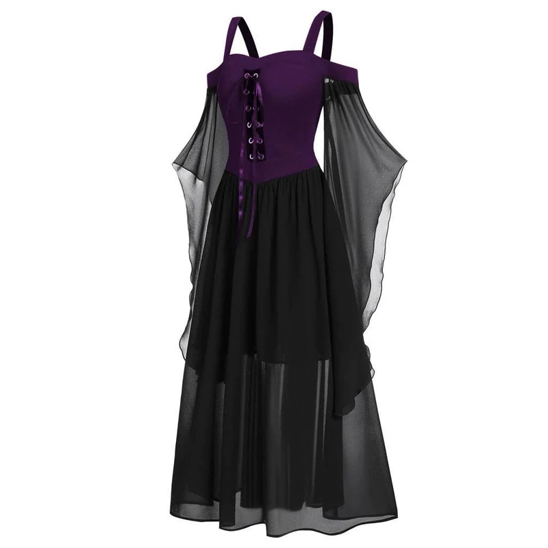 Gothic-Hexenkleid mit ausgestellten Ärmeln in Kontrastfarbe für Damen