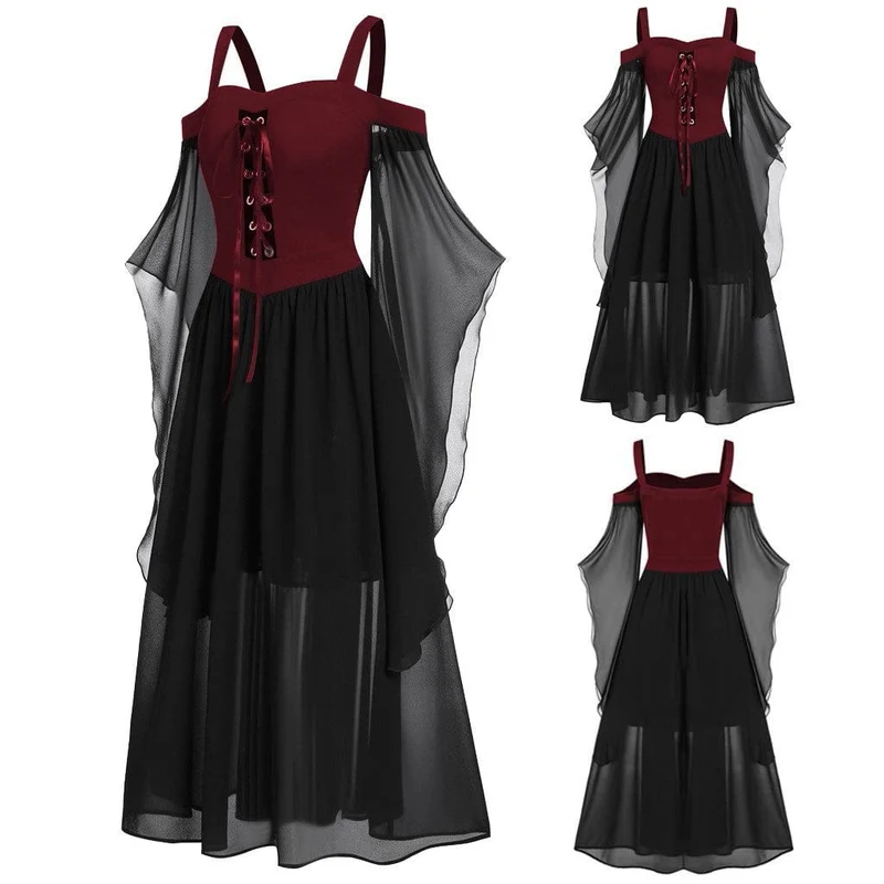 Gothic-Hexenkleid mit ausgestellten Ärmeln in Kontrastfarbe für Damen