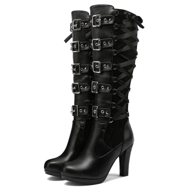 Hohe Stiefel mit Punk-Schnalle und Schnürung für Damen
