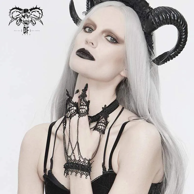 Viktorianische Gothic-Handschuhe aus schwarzer Spitze und Kette für Damen