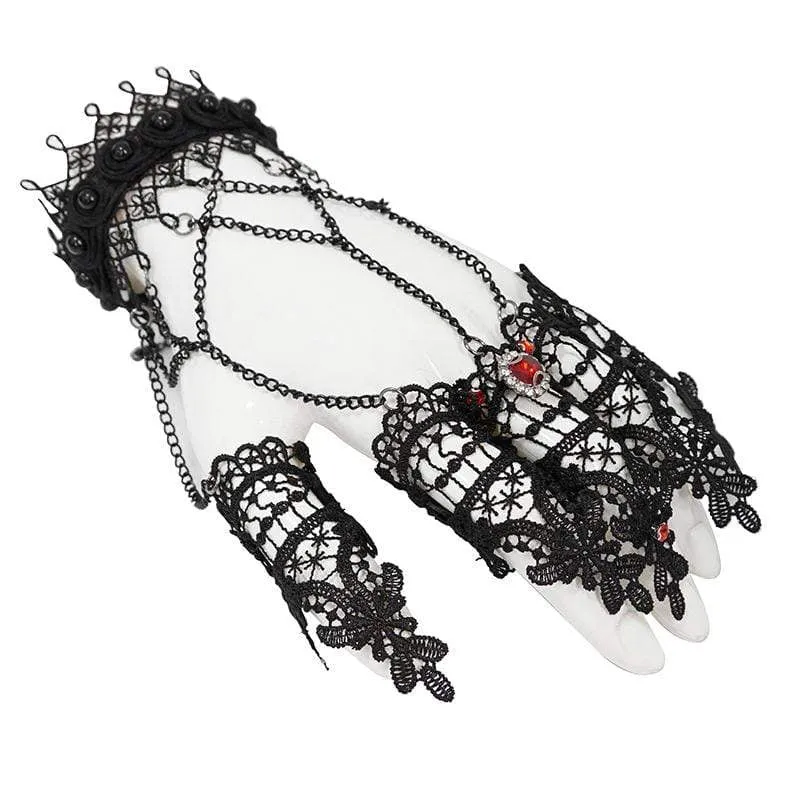 Viktorianische Gothic-Handschuhe aus schwarzer Spitze und Kette für Damen