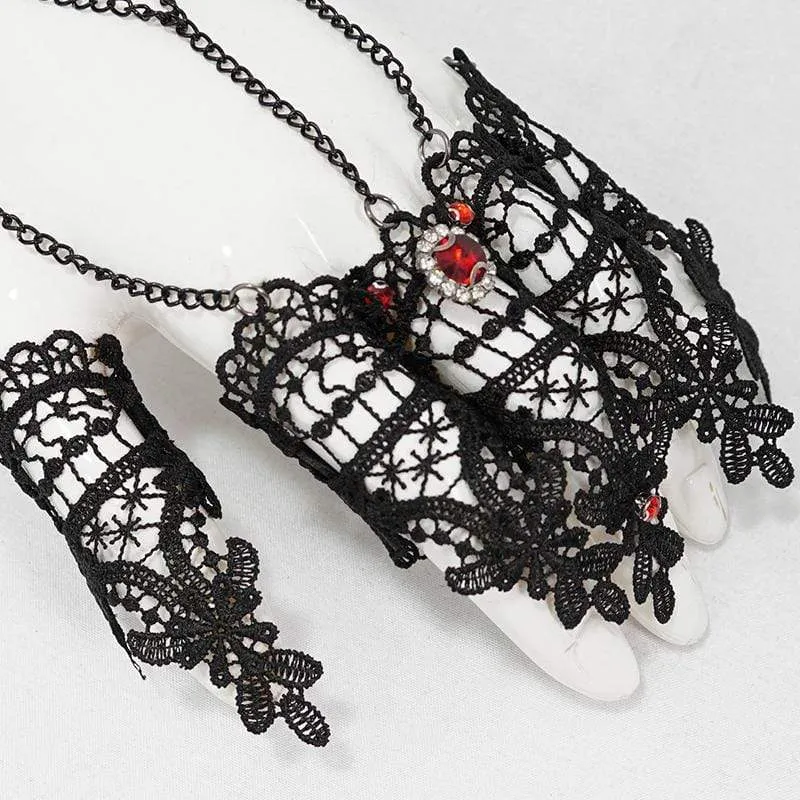 Viktorianische Gothic-Handschuhe aus schwarzer Spitze und Kette für Damen