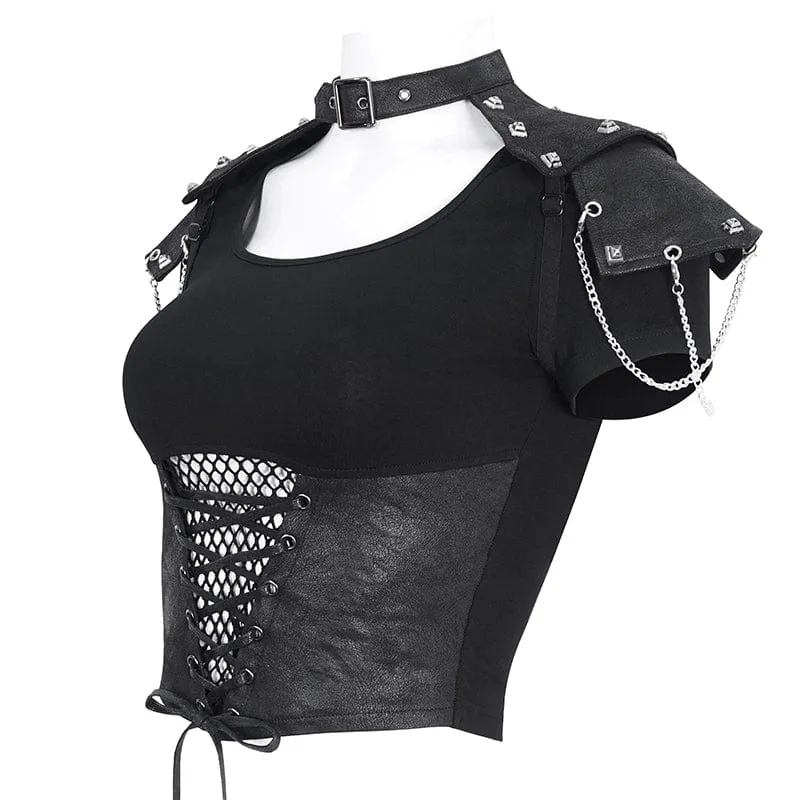 Kurzärmliges Crop-Top aus Netzstoff mit Punk-Ausschnitt für Damen