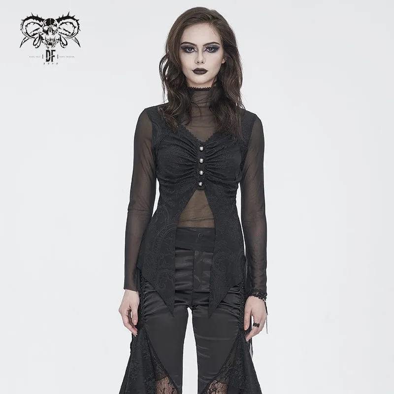 Damen-Langarmshirt aus Gothic-Jacquard-Mesh mit Rüschen