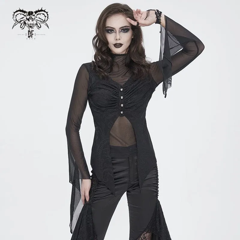 Damen-Langarmshirt aus Gothic-Jacquard-Mesh mit Rüschen