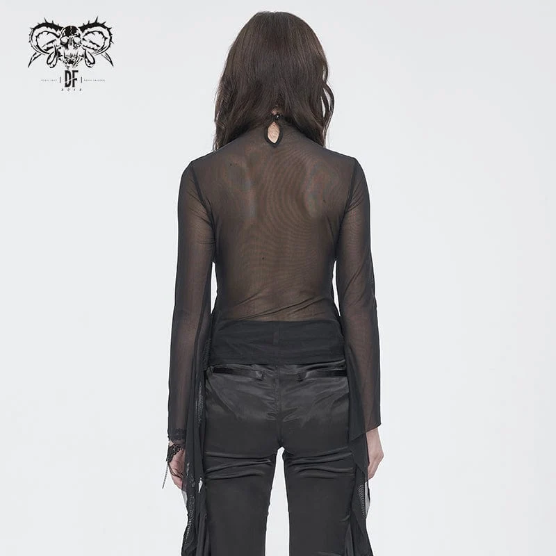 Damen-Langarmshirt aus Gothic-Jacquard-Mesh mit Rüschen