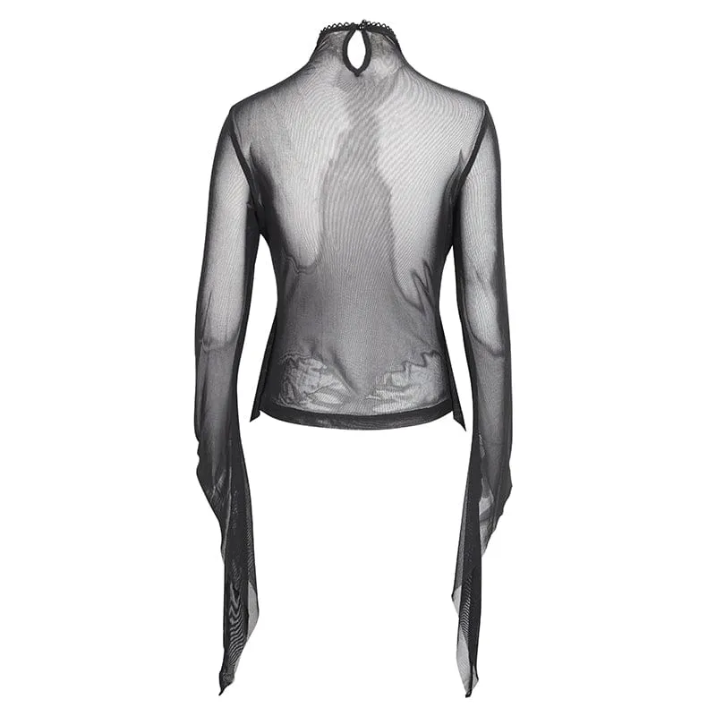 Damen-Langarmshirt aus Gothic-Jacquard-Mesh mit Rüschen