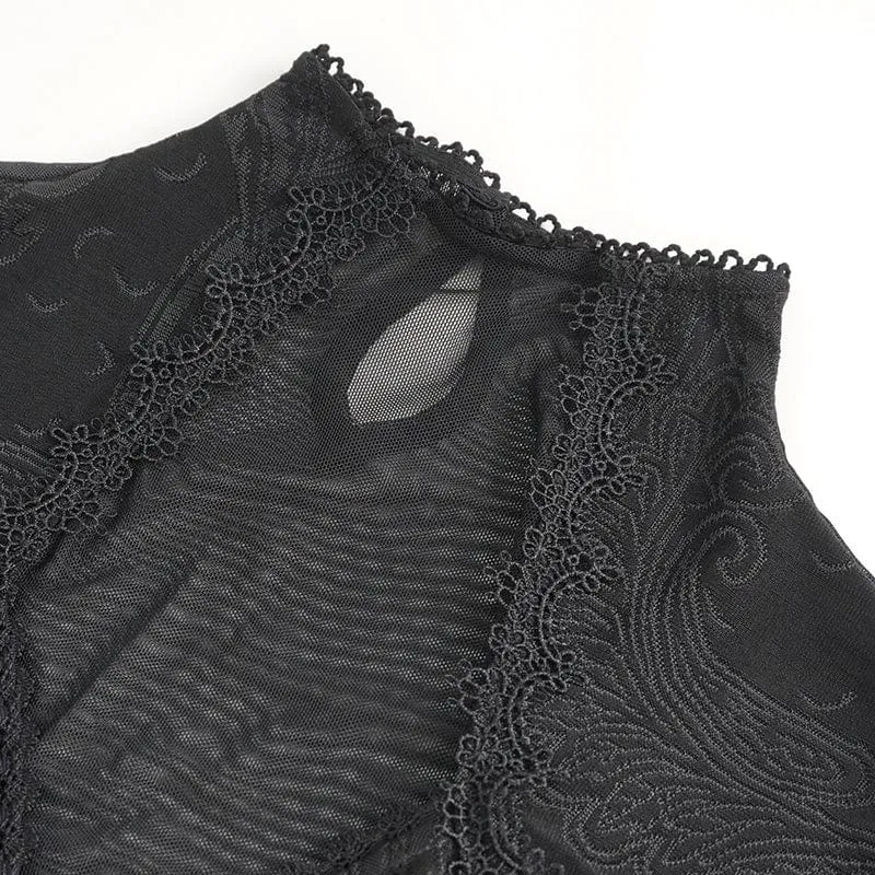 Damen-Langarmshirt aus Gothic-Jacquard-Mesh mit Rüschen