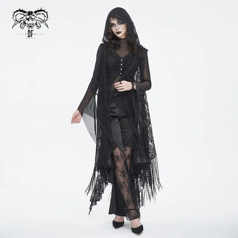 Damen-Cape im Gothic-Stil, Spitze, Netzstoff, hinten, geblümt, gehäkelt, mit Kapuze